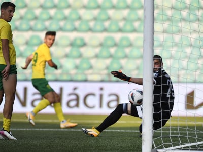 Druhý zľava Dávid Ďuriš (MŠK Žilina) strieľa gól do siete brankára Luka Gugešašviliho (FC Dila Gori)