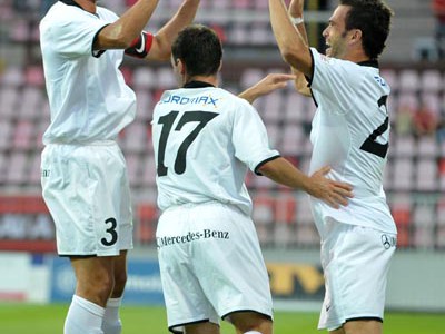 Radosť futbalistov Spartaka po strelenom góle proti MFK Košice, 16.8.2009