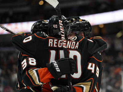 Slovenský hokejista v drese Anaheimu Ducks Pavol Regenda (40) sa teší so spoluhráčmi po strelení gólu v prípravnom zápasej NHL Anaheim Ducks - Los Angeles Kings