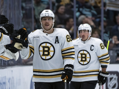 David Pastrňák oslavuje gól, v pozadí kapitán Bruins Brad Marchand