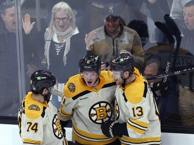 Hokejisti Bostonu oslavujú gól
