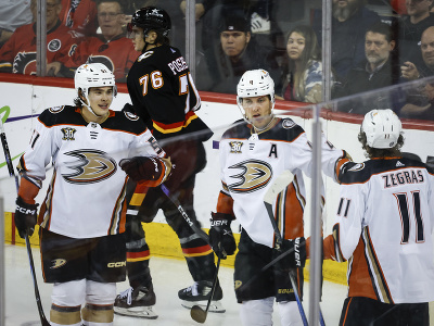 Hokejisti Anaheimu Ducks oslavujú gól, v pozadí útočník Calgary Martin Pospíšil