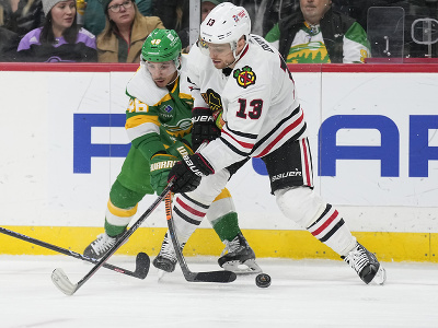 Jared Spurgeon (46) a Max Domi v súboji o puk
