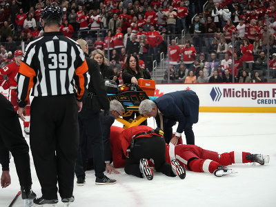 Little Caesars Arena nedýcha, Dylan Larkin leží nehybne na ľade a nachádza sa v opatere lekárov