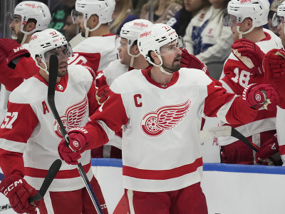 Hokejisti Detroitu Red Wings oslavujú gól