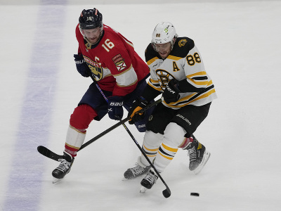 Center Aleksander Barkov (16) z Floridy Panthers a pravé krídlo David Pastrňák z Bostonu Bruins v súboji o puk