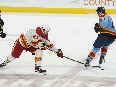 Útočník Calgary Flames Adam Ružička v súboji o puk s Samom Reinhartom z Floridy Panthers