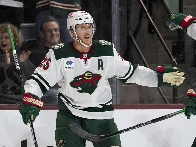 Na snímke hráč Minnesoty Jonas Brodin oslavuje gól v zápase hokejovej NHL Arizona Coyotes - Minnesota Wild