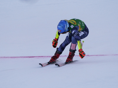 Mikaela Shiffrinová v cieli obrovského slalomu v Semmeringu