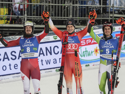 Marco Odermatt, Manuel Feller a Žan Kranjec po obrovskom slalome v Schladmingu