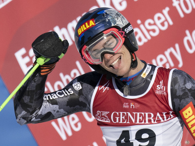 Na snímke slovenský lyžiar Teo Žampa reaguje v cieli 2. kola obrovského slalomu mužov na MS v alpskom lyžovaní vo francúzskom stredisku Courchevel-Méribel