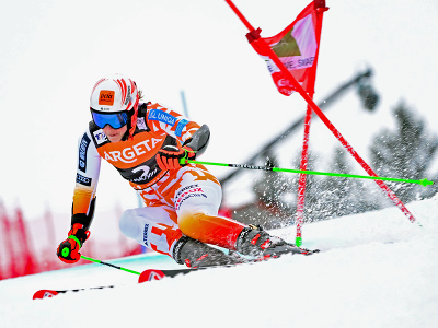 Petra Vlhová na trati v 1. kole obrovského slalomu Svetového pohára v slovinskej Kranjskej Gore