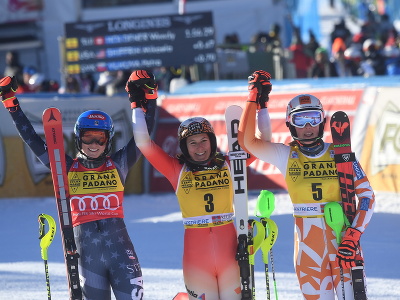 Na snímke sprava tretia slovenská lyžiarka Petra Vlhová, víťazná Švajčiarka Wendy Holdenerová a druhá Američanka Mikaela Shiffrinová oslavujú v cieli po 2. kole slalomu