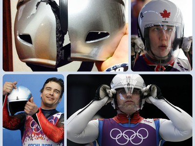 Športovci v Soči a ich olympijské prilby. Vľavo hore rozrazená helma Češky Šárky Pančochovej