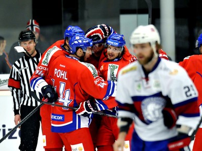 Českí hokejisti oslavujú gól