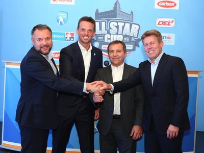 Richard Lintner, Jozef Řezníček, Christian Feichtinger a Gernot Tipcke na tlačovej konferencii k All Star game v Bratislave