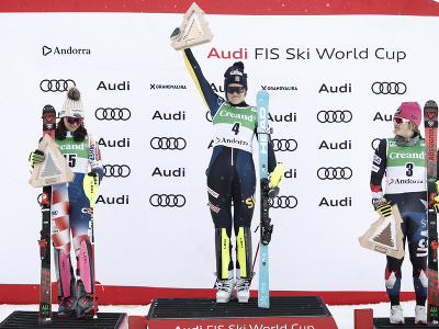 Švédska lyžiarka Anna Swennová-Larssonová (uprostred) sa raduje na pódiu z víťazstva v slalome Svetového pohára v andorrskom Soldeu. Na druhom mieste skončila Chorvátka Zrinka Ljutičová (vľavo) a pódium doplnila Američanka Paula Moltzanová (vpravo).