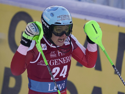 Na snímke rakúska lyžiarka Katharina Huberová v cieli 2. kola druhého slalomu žien Svetového pohára v alpskom lyžovaní vo fínskom Levi