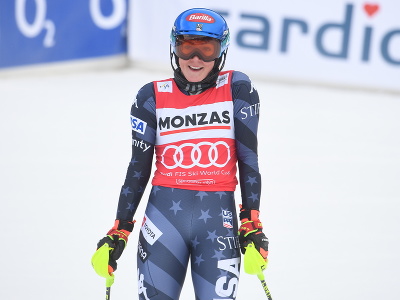 Na snímke víťazná Američanka Mikaela Shiffrinová reaguje v cieli po jej víťazstve 2. kola slalomu žien Svetového pohára v alpskom lyžovaní v českom Špindlerovom Mlyne