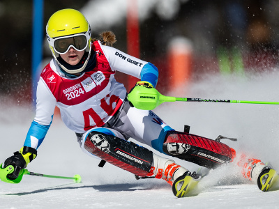 Slovenská lyžiarka Mia Chorogwická na trati prvého kola slalomu dievčat počas IV. zimných olympijských hrách mládeže v Gangwone v Južnej Kórei.