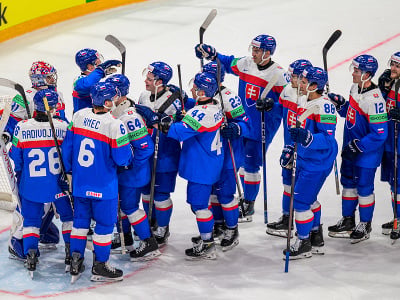 Slovenskí hokejisti oslavujú víťazstvo