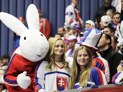 Slovenské fanúšičky s maskotom počas zápasu Slovensko - Dánsko