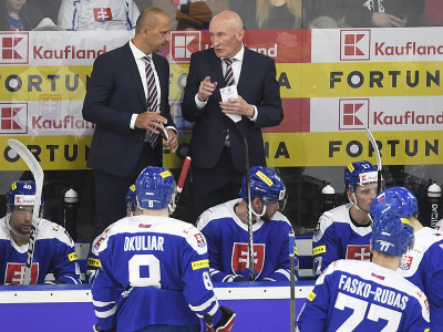 Tréner slovenskej hokejovej reprezentácie Craig Ramsay (hore vpravo) a jeho asistent Ján Pardavý diskutujú na striedačke