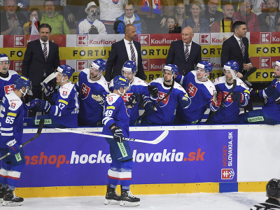 Slovenskí hokejisti sa tešia z úvodného gólu, ktorý strelil Martin Faško-Rudáš
