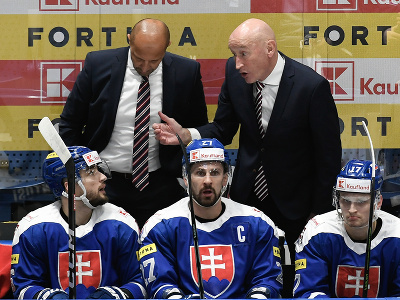 Na snímke hore sprava tréner slovenskej hokejovej reprezentácie Craig Ramsay a jeho asistent Ján Pardavý