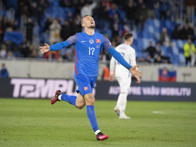 Na snímke Lukáš Haraslín (Slovensko) sa raduje po strelení druhého gólu 