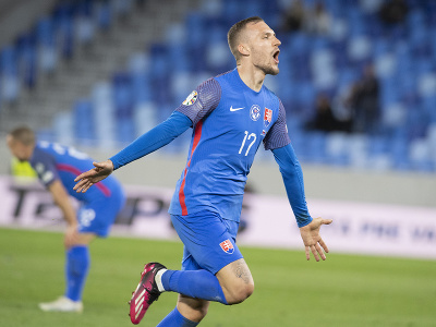 Na snímke Lukáš Haraslín (Slovensko) sa raduje po strelení druhého gólu 