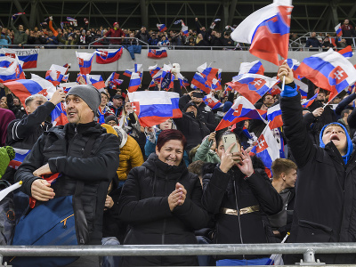 Na snímke slovenskí fanúšikovia oslavujú gól