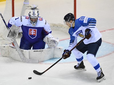 Na snímke fínsky hokejista Niko Ojamäki (vpravo) a brankár Slovenska Marek Čiliak