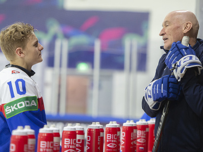 Na snímke tréner slovenských hokejistov Craig Ramsay a hokejista Adam Sýkora