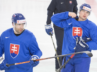 Na snímke slovenskí hokejisti - nová posila do obrany Šimon Nemec (vpravo) a vľavo Andrej Kudrna