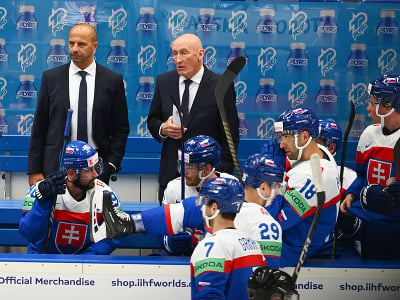 Na snímke tréner Slovenska Craig Ramsay (hore druhý zľava), jeho asistent Ján Pardavý (hore vľavo)