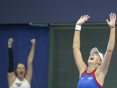 Na snímke slovenská tenistka Renáta Jamrichová sa raduje po výhre 6:1, 6:4 v zápase proti Argentínčanke Nadii Podoroskej  počas druhého hracieho dňa v baráži o účasť v 1. svetovej skupine Pohára Billie-Jean Kingovej