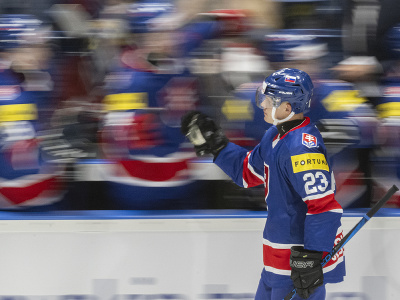 Slovenský hokejista Adam Liška sa teší z gólu so spoluhráčmi