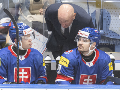 Uprostred tréner slovenských hokejistov Craig Ramsay a dole vľavo hokejisti Adam Liška a vpravo Miloš Kelemen