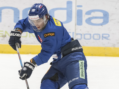 Slovenský hokejový reprezentant Marko Stacha, ktorý dostal premiérovú pozvánku do reprezentačného A-tímu, korčuľuje s pukom počas tréningu na reprezentačnom zraze v Bratislave