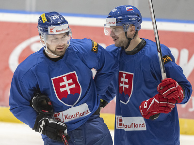Slovenskí hokejoví reprezentanti zľava Alex Tamáši a Viliam Čacho sa rozprávajú počas tréningu na reprezentačnom zraze v Bratislave