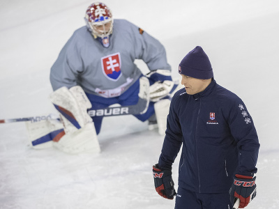 V popredí tréner brankárov Peter Kosa a v pozadí brankár Samuel Hlavaj počas tréningu slovenskej hokejovej reprezentácie v Bratislave