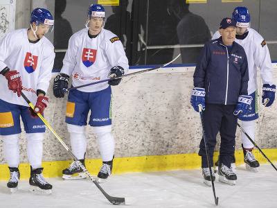 Zľava Martin Gernát, Michal Ivan, tréner Craig Ramsay a Michal Beňo počas tréningu slovenskej hokejovej reprezentácie v Bratislave