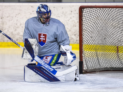 Matej Tomek počas tréningu slovenskej hokejovej reprezentácie pred MS vo Fínsku