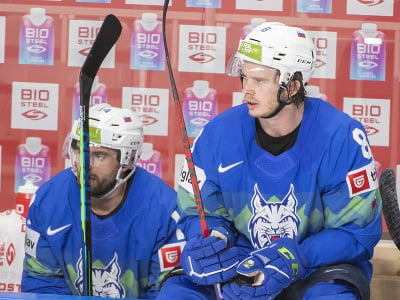 Na snímke slovinskí hokejisti vpravo Žiga Jeglič a vľavo Matič Podlipnik v zápase B-skupiny Slovinsko - Slovensko