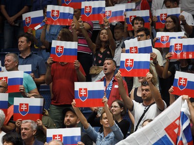 Slovenskí fanúšikovia počas volejbalového zápasu