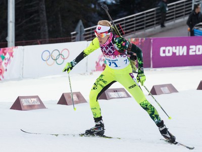 Slovenská reprezentantka v biatlone Terézia Poliaková počas biatlonových pretekov na 15 km na ZOH 2014 v Soči