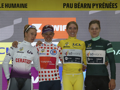 Držiteľky dresov na konci Tour de France Femmes - Cedrine Kerbaol, Katarzyna Niewiadoma, Demi Vollering a Lotte Kopecky