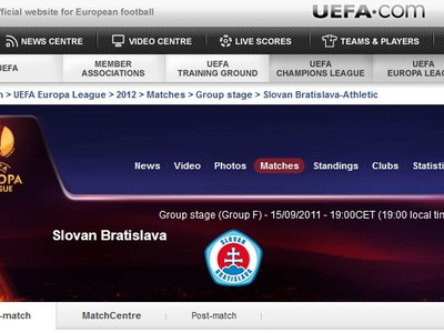 Zápas Slovana s Bilbaom na stránke www.uefa.com