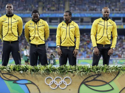 Zlatá jamajská štafeta v zložení Usain Bolt, Nickel Ashmeade, Yohan Blake and Asafa Powell